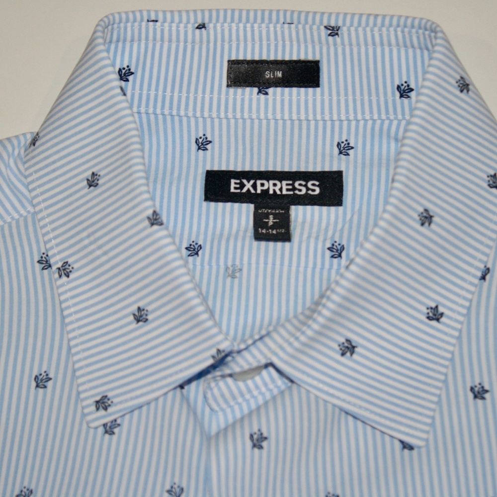 EXPRESS SLIM FIT LIGHT BLUE PINSTRIPE DRESS SHIRT SMALL 14.14.5 X 32/33